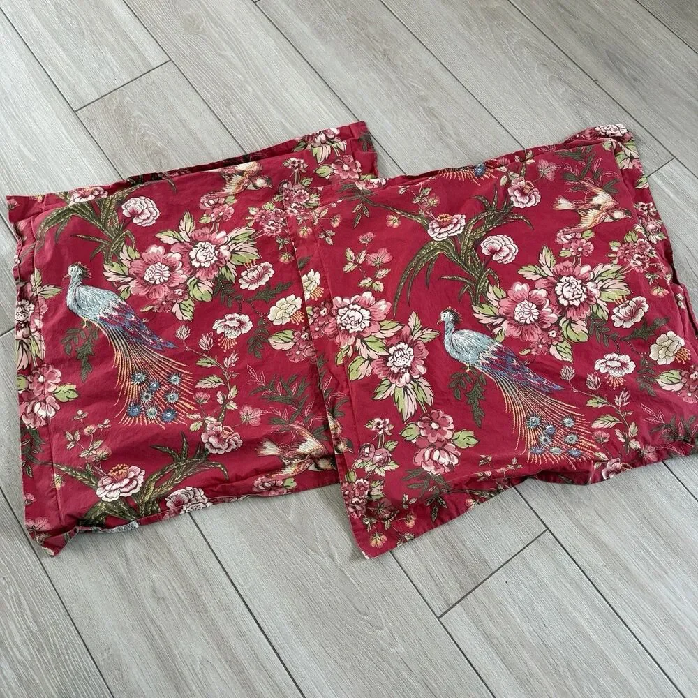 Pottery Barn Red Floral Bird Peacock KING Duvet W 2 Euro Shams Cotton